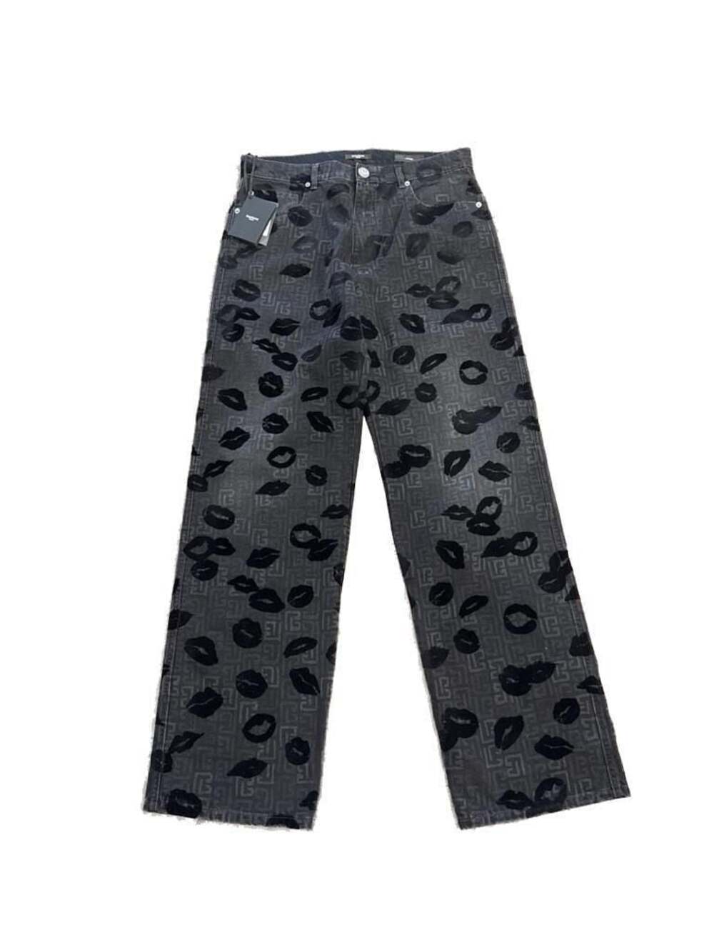 Balmain Monogram & Flock Kiss Loose Denim Pants Size 32